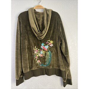 BCBG Y2K Velour Track Jacket Womens 2X Green Velvet Sequin Embroidered Hooded